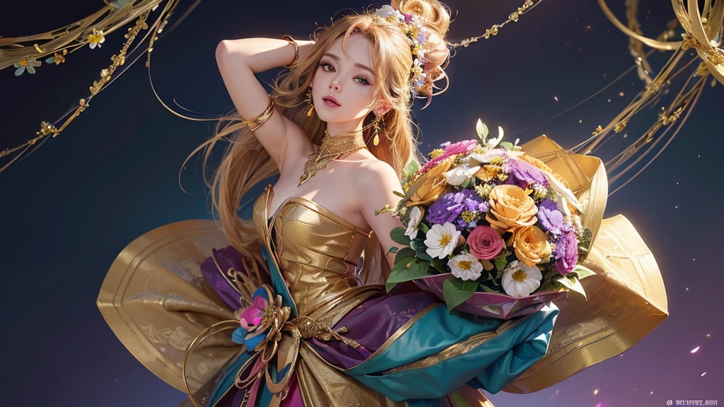 32K, 最高quality, 最高masterpiece, (ultra-Detailed Background, Detailed Background), High resolution, Super detailed, Very detailedな, One girl, (bouquet:1.3), (Tangled:1.2), (Geometric:1.2),(colorful),(masterpiece, quality, best quality, Official Art, Beautiful and beautiful:1.2), (1 girl:1.3), Very detailed,(colorful:1.1)(Flowers:1.3),Most detailed,(Tangled:1.2), whole body, (Abstract background:1.3), (Skin glows), (Many colors:1.4), ,(Earrings Jewelry:1.5), Pale Red Background,