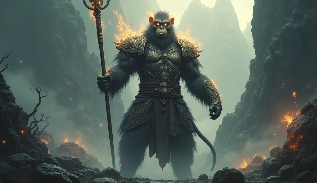 (((Masterpiece))),(((Best quality))),(((Amazing detail))),((illustration)),((8K)),A high resolution,Monkey king,ape,Golden body hair,He wears a cockroach's horned crown on his head,Golden hoop rod in hand,Golden Hoop Stick,Armour,Mechanical armor,Inhibitions,Fire Eye Golden Eye,unreal-engine,Dark style,realisticlying,Rich texture,Step on the clouds,lightand shade contrast,dentes pontiagudos,Angry eyes,Teether,eyes glowing,vred,The light is dim,overcast day,smoke from mouth,dark fantacy,Dimly lit,Black atmosphere,emphasis on color noir,Photorealistic painting art,Intricate pattern,dynamicposes,Guviz