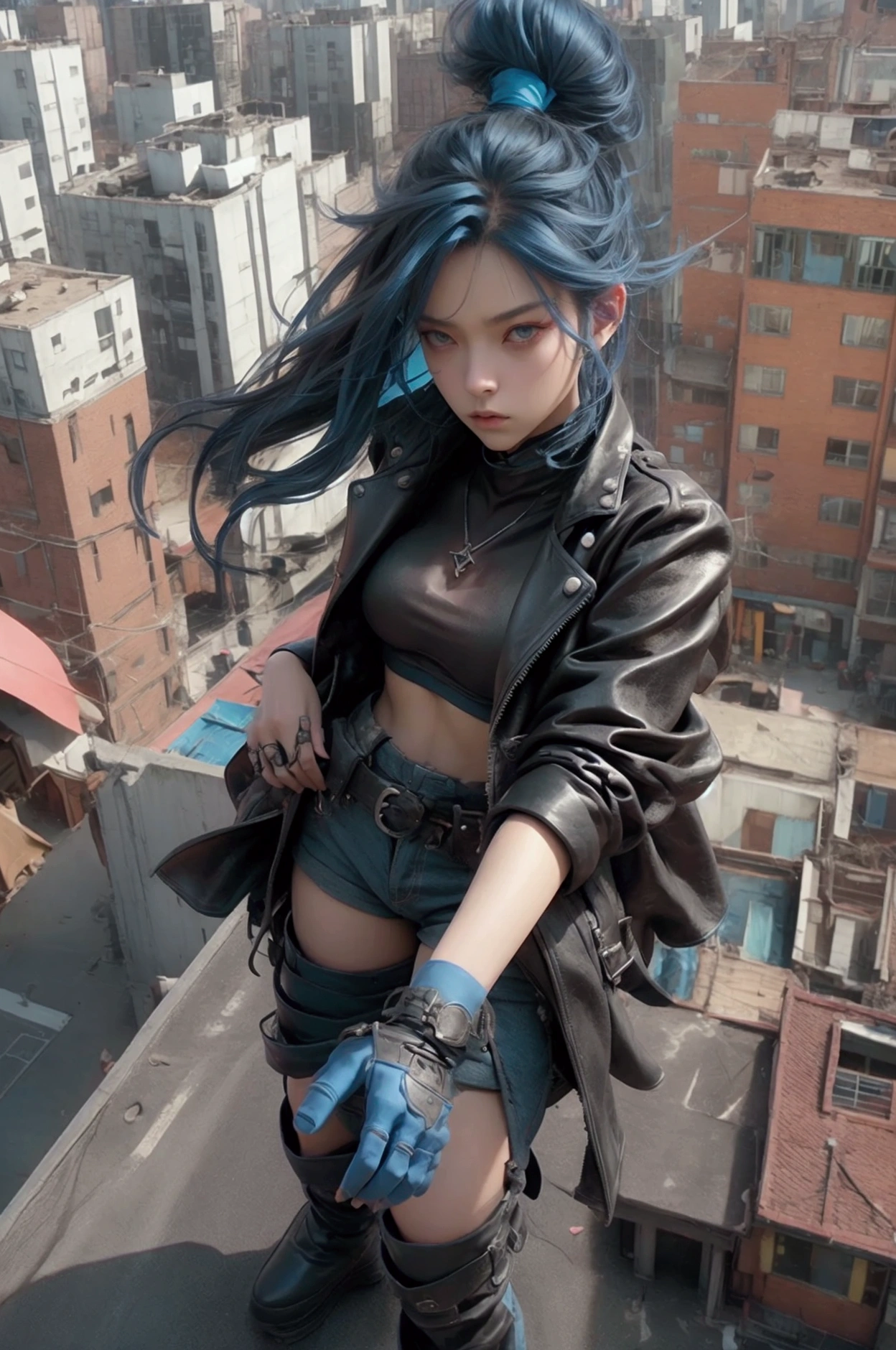 whole body、Wide-angle lens、Top View、whole body、Stand on the roof of a building、Sulky face、Background overlooking the city、tall building、Future City、Dark City、Blue Neon、Image in black and blue shades、Black and blue contrast、Gothic punk fashion、accessories、leather jacket、White tube top、Gothic dress、Dark Fantasy Style、boots、Realistic texture、Hair blowing in the wind、Backlight、Dynamic Movement