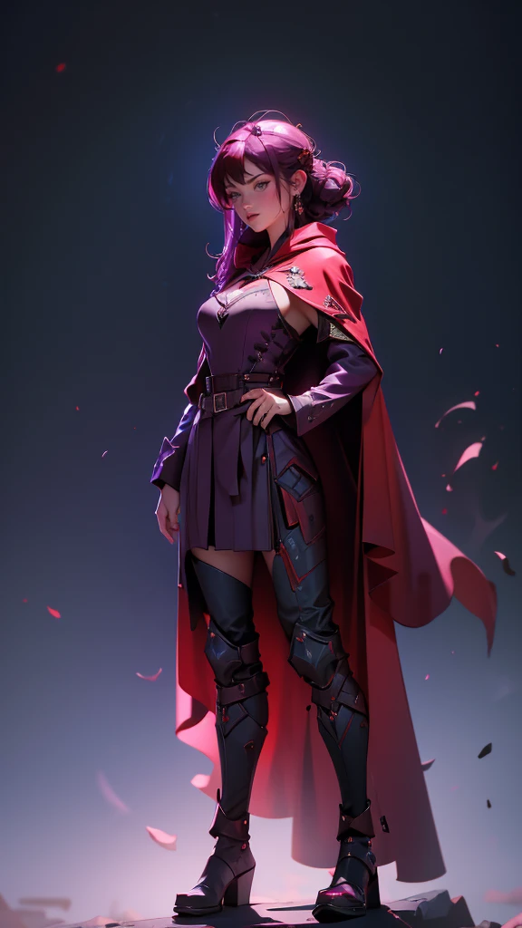 envision a 8k, highres, cinematic, beautiful full body concept art design sheet of a woman with Dark Purple hair, Blue eyes, Military Dress, Tactical Robe, Red Cape, in dark lighting, against a dark gray background