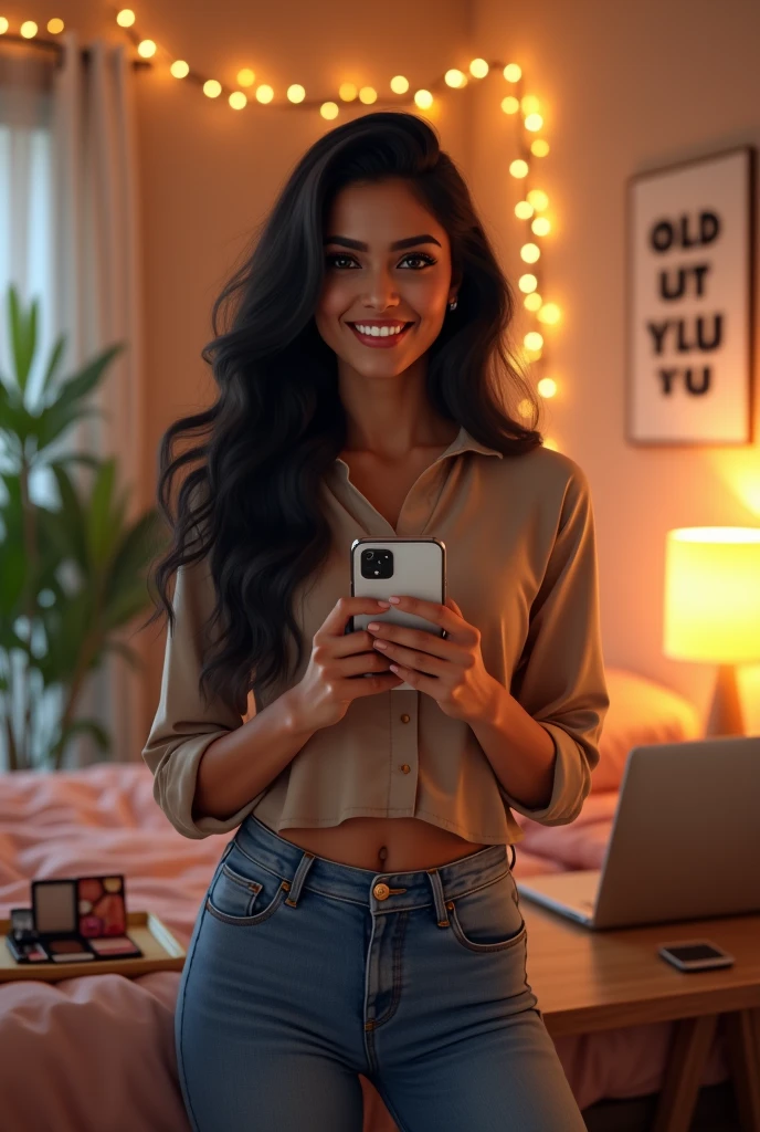 ultra realistic 8k image of a 22 year old woman, ugly, wavy hair, chubby, latin features, dressed in a black blouse and jeans, looking excitedly at her cell phone sitting on the sofa