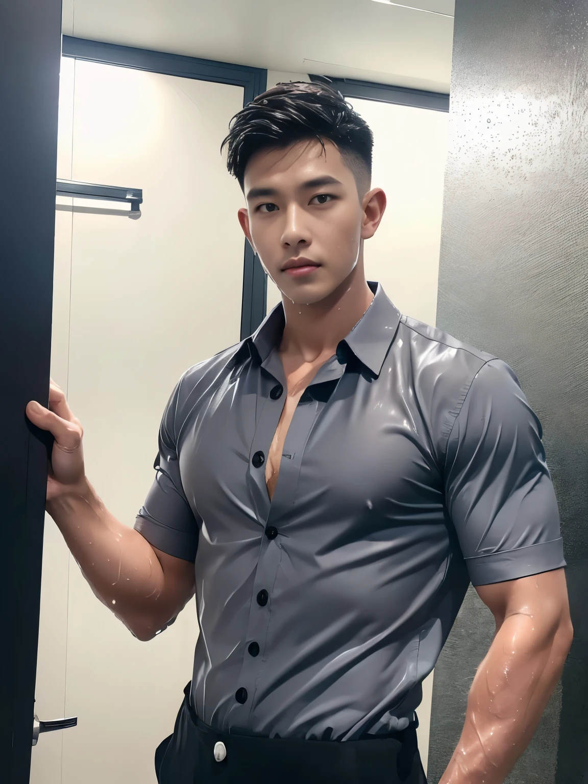 (armface:1.3) , Handsome young man standing, (have a mustache:0.8) , (short hair:1.2), (Collared shirt with buttons:1.2), (Gray shirt with open chest wet:1.3), (Wet shirt:1.5),black pants, Big muscles, Handsome and muscular, full body angle, (bathroom:1.1)