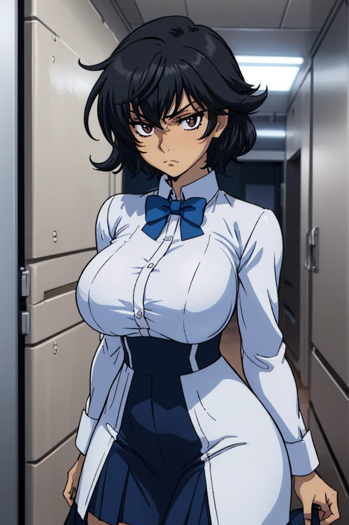 closed mouth, (), ((1girl)), (((genderbend))), (((female))), wide hips, thick thighs, huge breast, narrow waist,  ((school uniform)), ((white shirt)), ((blue bowtie)), ((school full of people)) (skin tight with dress), ((anime artstyle)), long eyelashes, long black hair, bored , (((at day)))