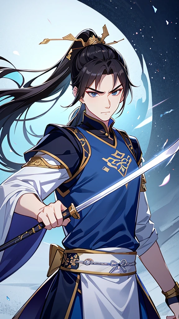 Highest quality，masterpiece，16K,Boy with a sword，Combat Stance，Blue clothes，Hanfu，Long hair and a high ponytail，night，Moonlight，Asian architecture，A sophisticated eye，Frowning，anxiety，Xianxia，Upper body，chinese style clothing，