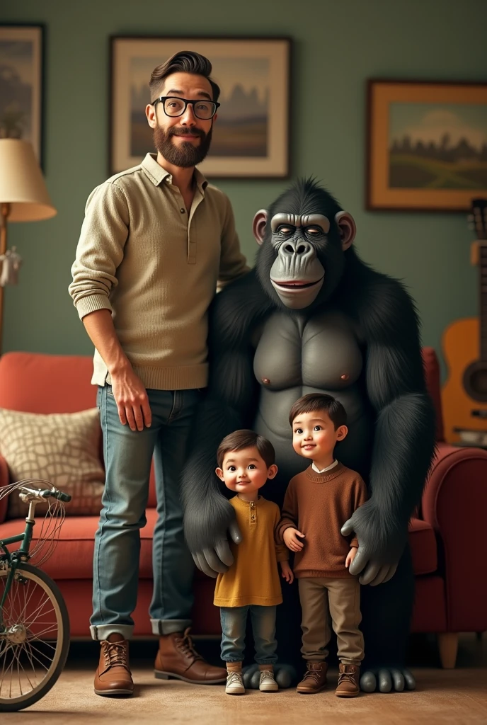 Three white guys next to one chimpanzee