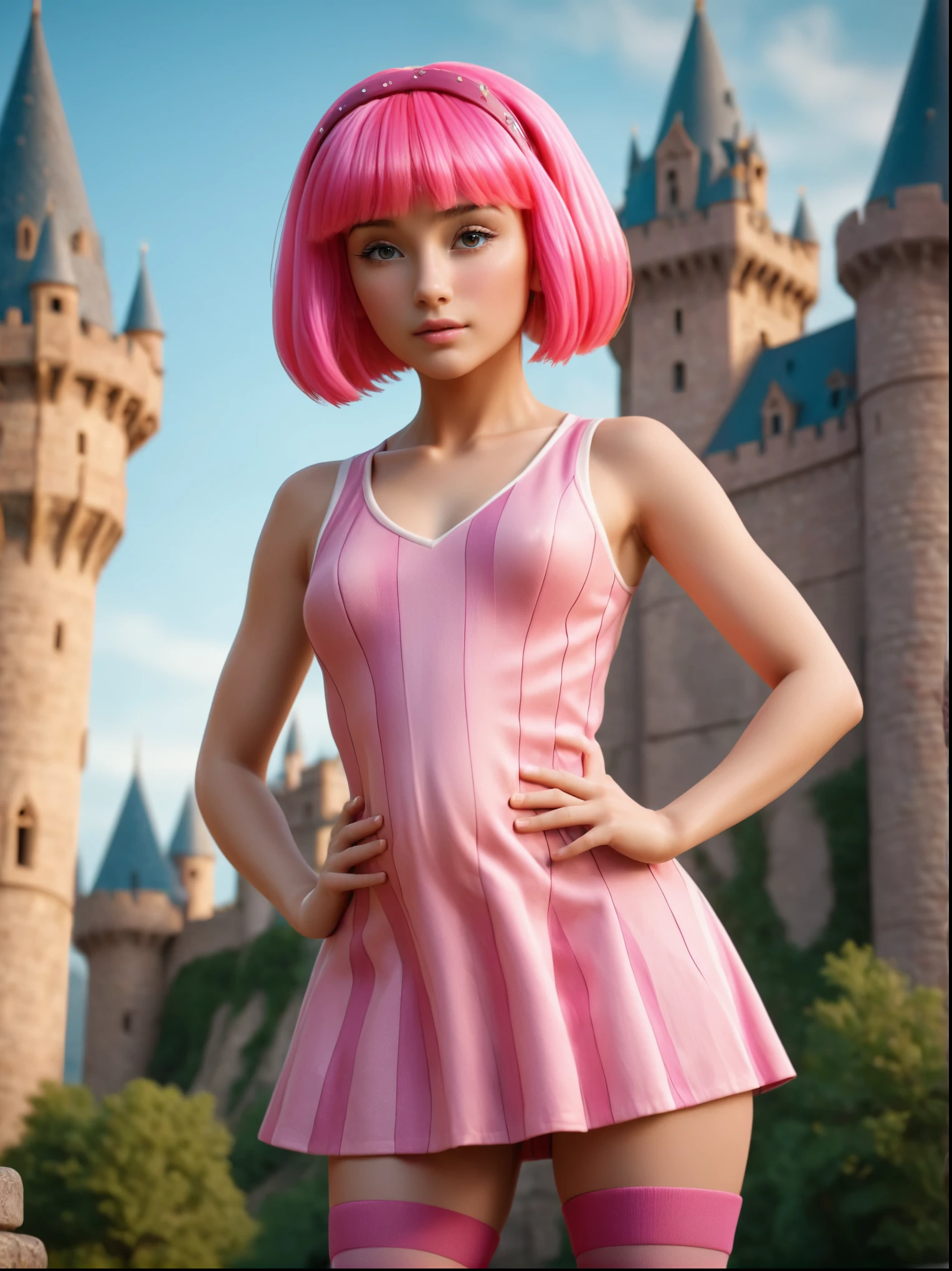 stephanie a girl, with pink hair and a pink wig, AS-Young zrpgstyle stephanie, pink striped dress stockings standing on the edge of a castle in a fantasy city with tall towers, (zrpgstyle) (masterpiece:1.2) (illustration:1.2) (best quality:1.2) (detailed) (intricate) (8k) (HDR) (cinematic lighting) (sharp focus), striped dress, intricate detail, (rich:1.4), prestige, gorgeous, symmetric, symmetric eyes, detailed eyes, 8k, high quality, f1.8, 200mm, photografy style, model position, perfect hands, detailed face, perfect face, look at viewer, perfect mouth, perfect eyes, cowgirl position, low angle shot, (perfect hands:1.3), detailed face, perfect face, look at viewer, pefect lips, hyperdetailed,glow, physically-based rendering,3d render,8k,high resolution,ultra high res,cinematic look,magical atmosphere,augmentations,insane details,intricate details,Exquisite details and textures,cinematic film still,intricately detailed,finely detail,High Detail RAW color Photo,hdr,cinematic lighting,ambient lighting,professional lighting,Romantic lighting,soft cinematic light,specular lighting,best quality,highly detailed,radiosity,god rays,sunbeam,raytracing,realistic,4k textures. Naked / nude / undress , pregnant 