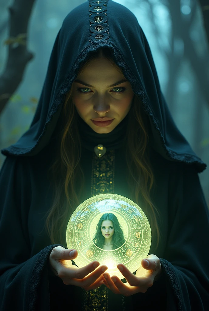 Woman reads fortune with a crystal ball for a man