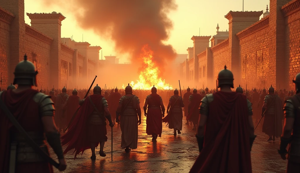 THE CITY OF TROY ABLAZE. GREEK WARRIORS ENTER THE CITY. TROJANS OF ALL AGES, SEXES AND DESCRIPTION TRY TO LEAVE.  FIREY BACKGROUND FIGURES IN SILHOUETTE