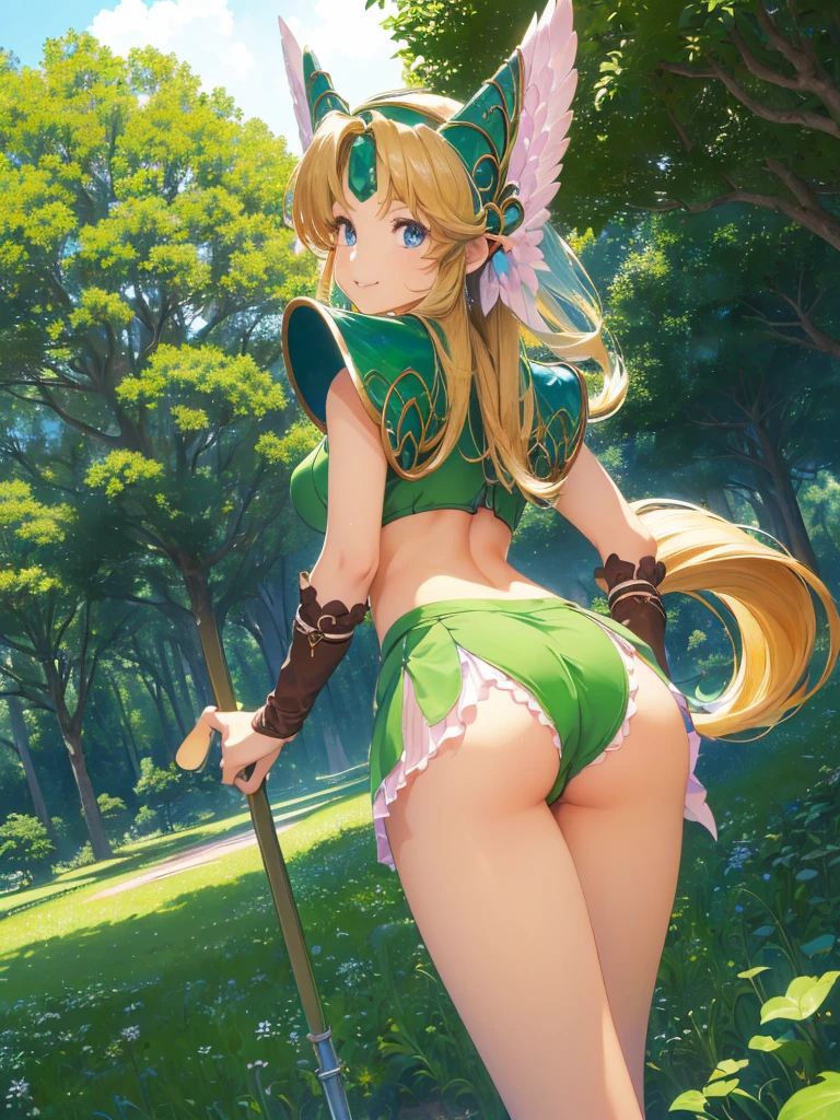 (masterpiece, Highest quality),Vibrant colors, lease, Seiken Densetsu 3, ((とても恥ずかしいパニックsmile、Look back and see this,(Point your butt forward)、（I can see her panties),The ruins in the background are very beautiful,Big eyes,(High definition and very beautiful eyes).smile,((Deep green ultra-mini skirt)),Looking up at the butt,Big Ass,Forest background,(Has a spear),Beautiful Eyes,Sexy pose,