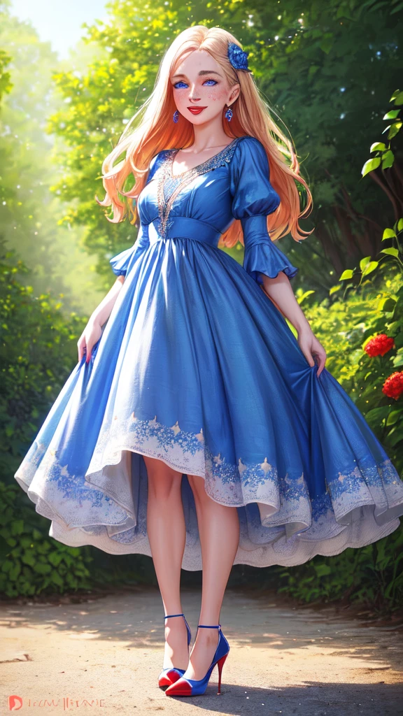 Beautiful girl, (castle background), pale skin, delicate and very detailed face, long and curly dark brown hair, detailed and realistic bright blue eyes, fairies and flowers, wild flowers blending into the hair, elegant red medieval princess dress, full body, hyper-detailed painting, luminism, bar lighting, complex, conceptual art portrait of 4k resolution by Greg Rutkowski, isometric details bioluminescens fractals : An impressive realistic photograph - imagine