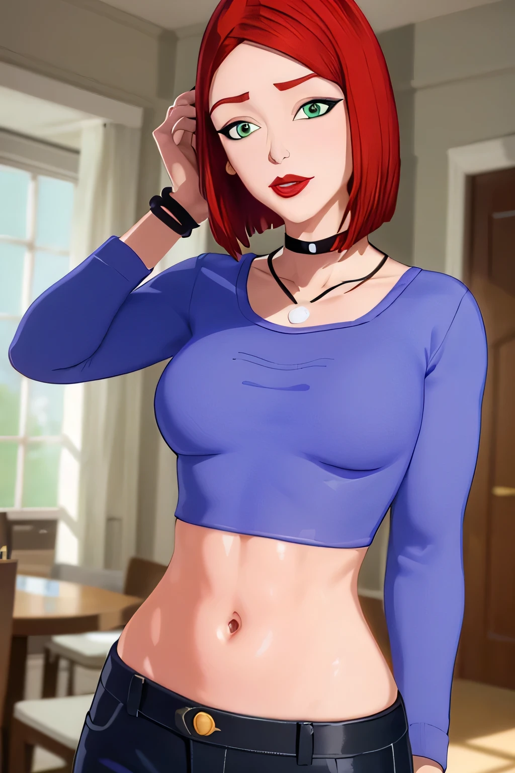 super fine illustration, vibrant colors, masterpiece, sharp focus, best quality, depth of field, looking down, cinematic lighting, ultra detailed, solo, 1girl, belly button, bellybutton, navel, tummy, choker, jewelry, necklace, black choker, blue shirt, crop top, long sleeves, black_pants, jeans, denim, wristband, red hair, short hair, green eyes, makeup, lipstick, red lips, bob cut, lips, mature woman , leaning back, confused, indoors, stomach, parted lips, CARTOON_merry_jane_watson_SMTAS_ownwaifu, www.ownwaifu.com, indoors, hand on own stomach, 
