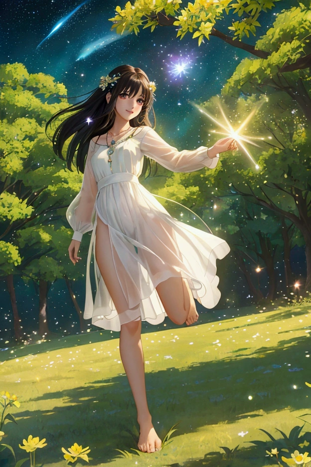 (masterpiece、Highest quality、8k、High resolution)、1 female、Beautiful eyes with slit length、Cute lips、Beautiful Nose、Brownish black hair、smile、(Best anime girl)、Green grassland with forest view、Walking,((Barefoot, off the ground, flying high, high, high, flying and running)),Fantasy art,Colorful flowers blooming in the field,A bright night with the stars clearly visible、milky way、(Mysterious light particles from the whole body、Colorful light particles)、jewelry、necklace、White lace dress、(Beautiful full body style)、Highly detailed anime art、Fantasy art,