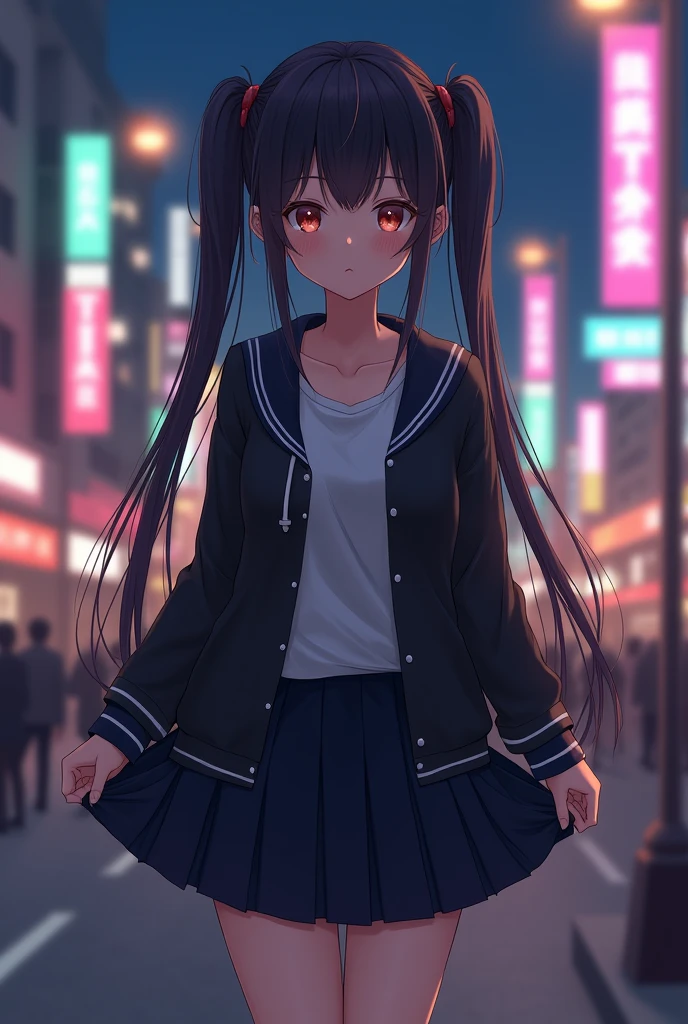 masterpiece, best quality, HuTaoV4, 1girl, solo, blush, twintails, long hair, hair between eyes, ((streetwear clothes)), city, outdoors, night, movie poster, extremely detailed 8K, smooth, high resolution, ultra quality, cinematic lighting, ambient occlusion, hd, 2k, 4k, 8k, 16k, extremely detailed anime, detailed faces, perfect composition, wide shot, atmospheric lighting, very sexy, lift skirt, random low back angle, uncensored, nsfw, sin censura she showing buttock