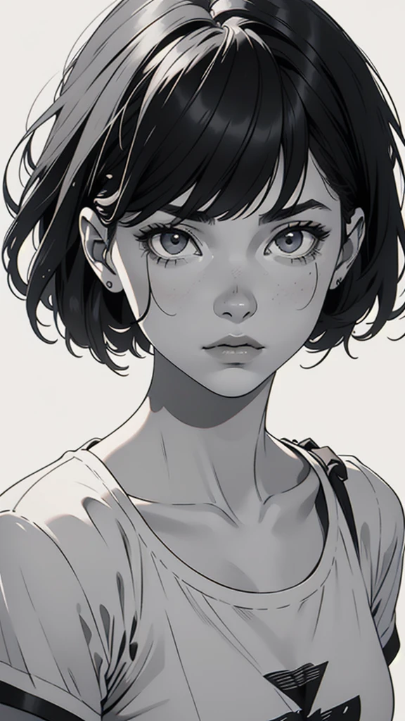 1 boyish girl, solo, sharp eyes, monochrome, greyscale, shoulder length black bangs hair, portrait, (blank white T-shirt), Thin eyebrows, closed mouth, looking at viewer, detailed lips, hatching \(texture\), without makeup, upper body, (best illustration), (best quality), (very detailed), (masterpiece), expressionless,