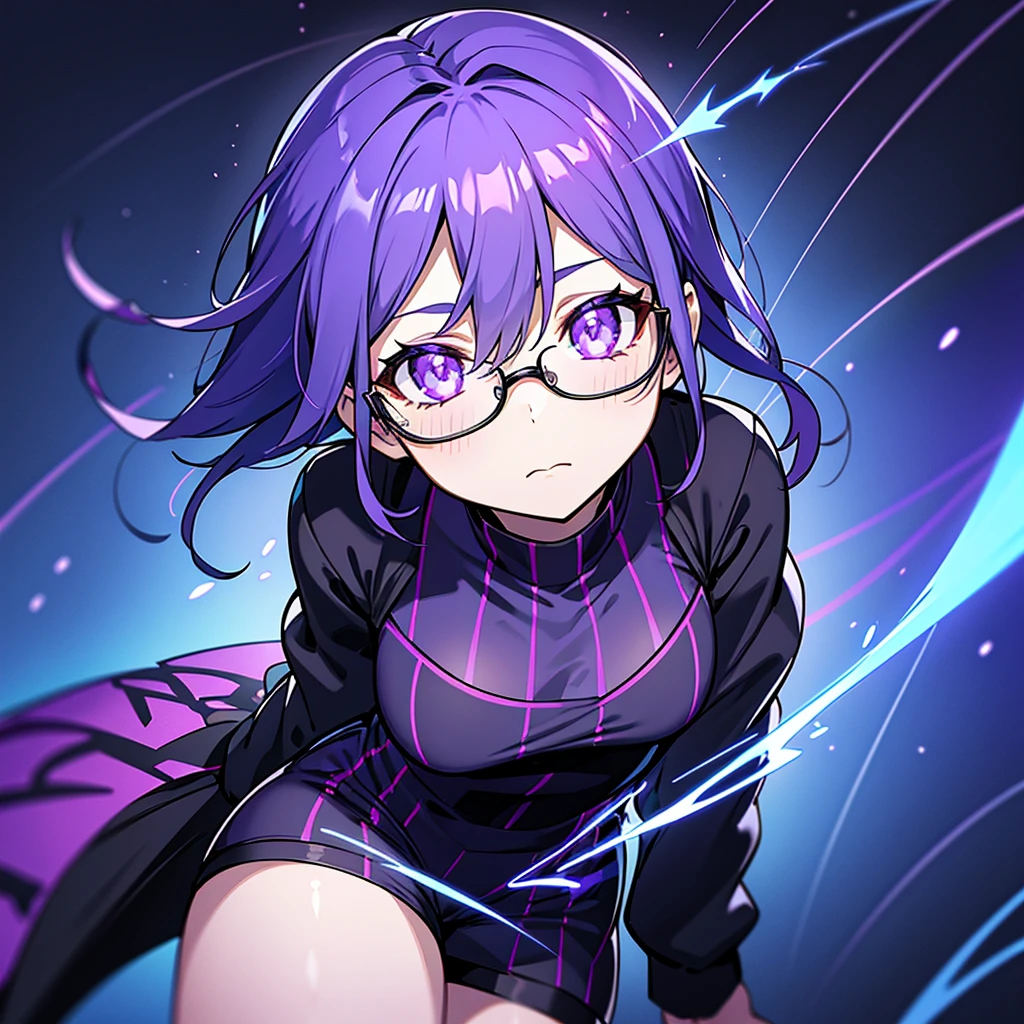 Black fire particles, purple fire particles, blue fire particles, purple and blue background, the girl wearing black shorts, and short dress, wearing glasses, purple light shader, blue light shader, dark style, glowing blue and purple flames,  undefined, undefined, undefined, undefined, 