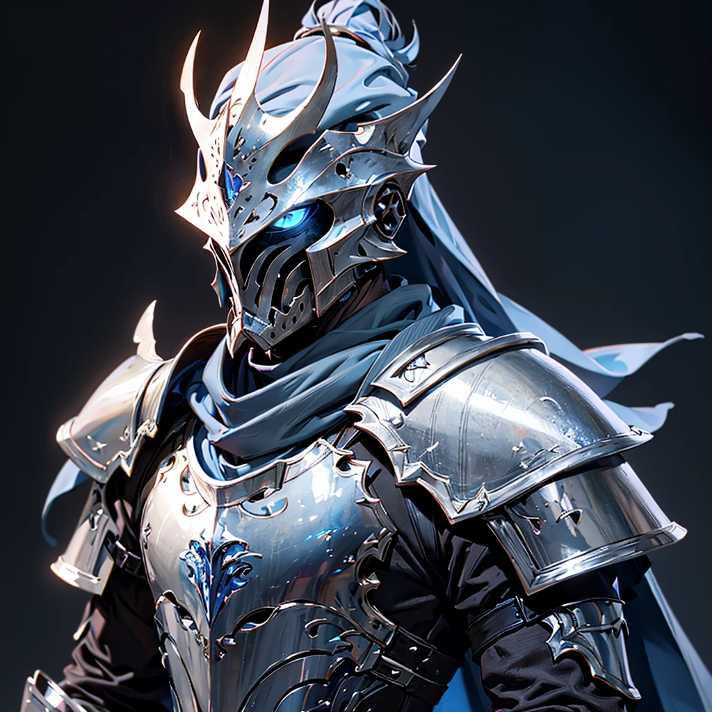 envision a 8k, highres, cinematic close up portrait of a Faceless Knight named Artorias with a slender body with Grand Silver armor with a Blue Scarf against a dark gray background in the style of dark fantasy