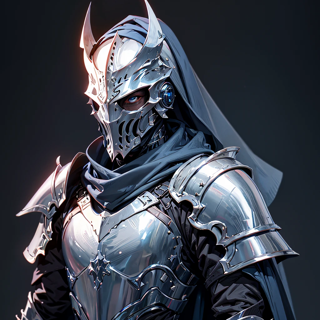 envision a 8k, highres, cinematic close up portrait of a Faceless Knight named Artorias with a slender body with Grand Silver armor with a Blue Scarf against a dark gray background in the style of dark fantasy