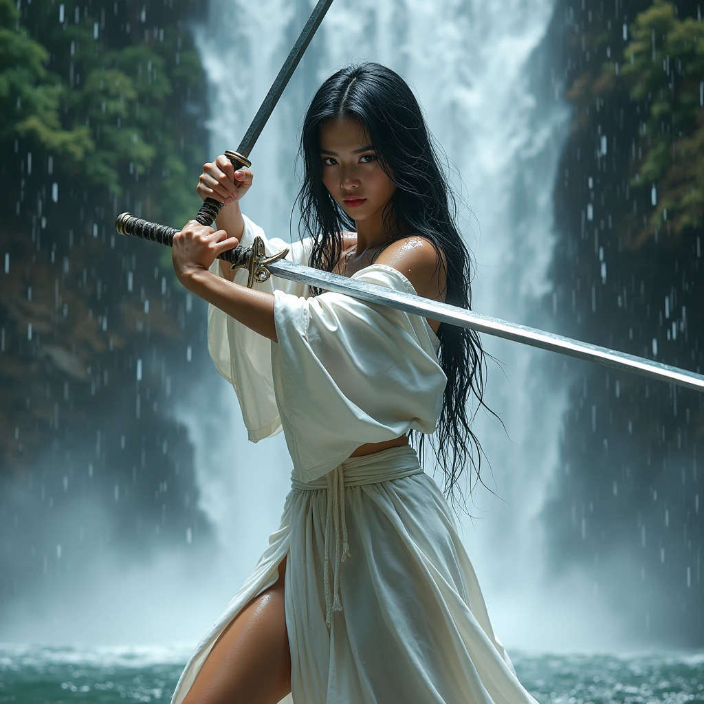 A beautiful young woman with a fierce look, wearing a torn white dress with a long ripped skirt, revealing her Hanfu underwear, stood holding a pair of swords in the middle of a waterfall in a dense, uninhabited forest.