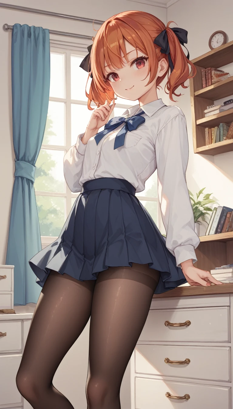 (High resolution、detailed).(Short Twin Tails,Black Ribbon、A cute blouse with a blue ribbon、White drawers、Black pantyhose、Redhead.Red eyes.1.5)、(No background）Character&#39;s back view