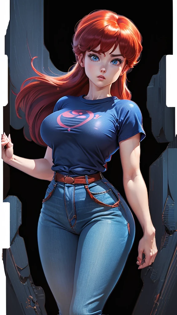 (Ranma)(1solo)(1girl)((Solo)) ((Masterpiece)) ((High Quality)) (slim thick)((Perfect Face)) ((Huge Breasts)) ((Wide Hips)) ((Narrow Waist)) ((Beautiful)) ((Redhead)) ((Long Hair)) ((Light Skin)) ((Cute Nose)) ((BLue Eyes)) ((Young)) ((Transparent Tee Shirt)) ((Jeans))(cameltoe) beautiful scape at background 