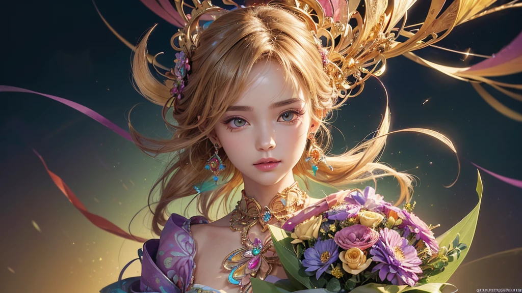 32K, 最高quality, 最高masterpiece, (ultra-Detailed Background, Detailed Background), High resolution, Super detailed, Very detailedな, 1 personの, (bouquet:1.3), (Tangled:1.2), (Geometric:1.2),(colorful),(masterpiece, quality, best quality, Official Art, Beautiful and beautiful:1.2), (1 person:1.3), Very detailed,(colorful:1.1)(Flowers:1.3),Most detailed,(Tangled:1.2), whole body, (Abstract background:1.3), (Skin glows), (Many colors:1.4), ,(Earrings Jewelry:1.5), Gradient Background, Beautiful and sparkling background, It's imaginative., Flaxen Hair,