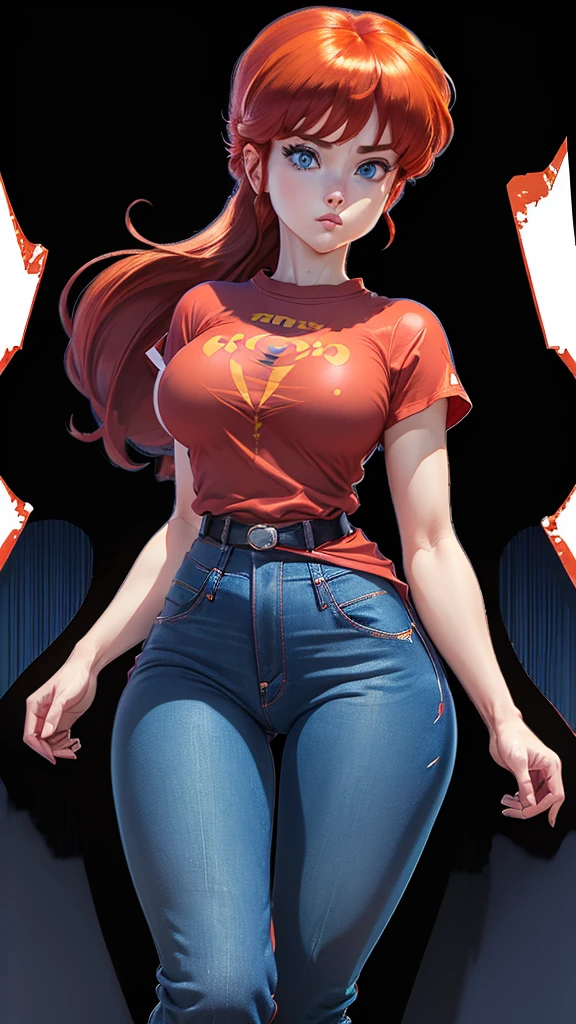 (Ranma)(1solo)(1girl)((Solo)) ((Masterpiece)) ((High Quality)) (slim thick)((Perfect Face)) ((Huge Breasts)) ((Wide Hips)) ((Narrow Waist)) ((Beautiful)) ((Redhead)) ((Long Hair)) ((Light Skin)) ((Cute Nose)) ((BLue Eyes)) ((Young)) ((Transparent Tee Shirt)) ((Jeans))(cameltoe)