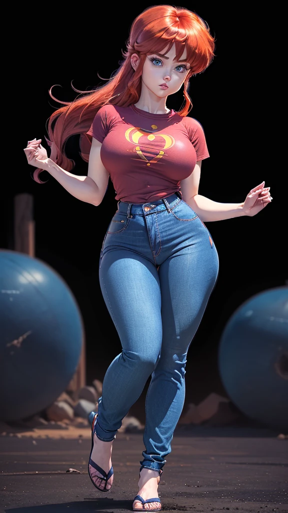 (Ranma)(1solo)(1girl)((Solo)) ((Masterpiece)) ((High Quality)) (slim thick)((Perfect Face)) ((Huge Breasts)) ((Wide Hips)) ((Narrow Waist)) ((Beautiful)) ((Redhead)) ((Long Hair)) ((Light Skin)) ((Cute Nose)) ((BLue Eyes)) ((Young)) ((Transparent Tee Shirt)) ((Jeans))(cameltoe)