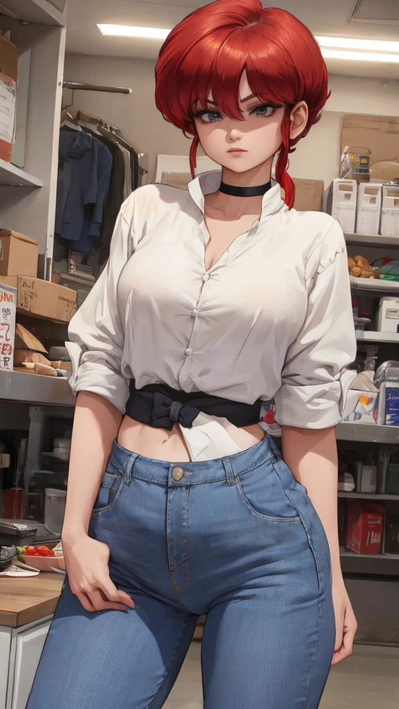 Female Ranma Saotome. red hair. small saggy breats. huge hips. choker. jeans. shirt