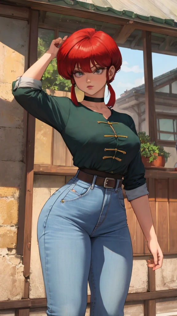 Female Ranma Saotome. red hair. small saggy breats. huge hips. choker. jeans. shirt