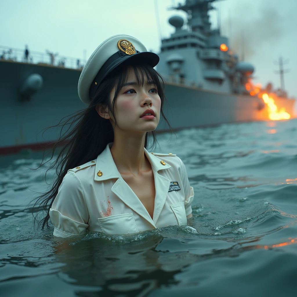 A cute woman (battered and a little bruised, dressed as a Geisha), floating on the surface of the water, burning debris of a wooden ship all around her