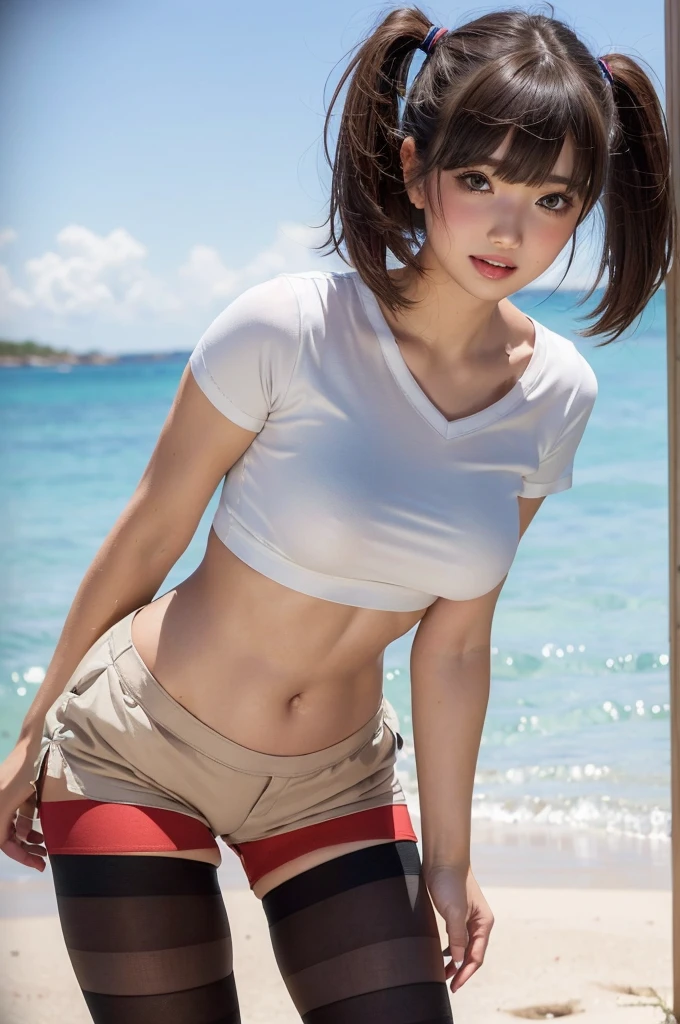 Perfect photo, (masterpiece), 8k, Highest quality, Expressive eyes, Perfect Face, Perfect hands, Perfect Fingers, high resolution, Realistic skin texture, Realistic, (Japanese, girl, 1girl), Light brown hair, bangs, Twin tails, Brown eyes, Big eyes, Small face, Baby Face, ((full-face blush, orgasm)), (Big Ass), ((Short sleeve V-neck shirt, Low-rise mini Shorts, Thigh Highs)), Sandy Beach, ((standing, Sexy pose)), nsfw