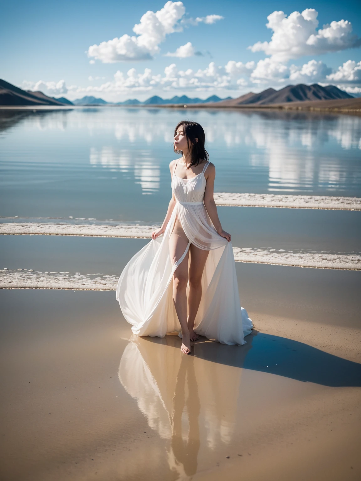 ((Highest quality)), ((8k)), ((masterpiece: 1.3)), (Perfect appearance), (Photorealism: 1.6), (JMA), (Who), (Japanese mature woman walking on the surface of the water in the middle of the ocean: 1.4), (Calm, Waveless sea: 1.4), (Beautiful cobalt blue ocean reflecting the sunlight: 1.2), (Woman standing with the sun behind her: 1.4), (Angle from the feet: 1.4), (Full body portrait: 1.4), (60 years old, Japanese Mature), ((Realistic skin texture)), (Fine wrinkles all over the skin), (Dullness), (Facial wrinkles), (Wrinkles around the eyes), double eyelid, Tear bags under the eyelids, Closed lips, Calm expression, (Short bangs: 1.2), (Long Hair: 1.6), (Long Hairが風に靡いている: 1.4), BREAK(Red Lip),BREAK (Wide neckline, BREAK淡いピンクのドレス,BREAK: 1.4), Dress with large draped sleeves: 1.2), (Long dress that reaches the ankles: 1.2), (Dress with widened hem: 1.4), (The whole dress is fluttering in the wind: 1.4), (Immerse yourself barefoot in water up to the top of your feet: 1.4),