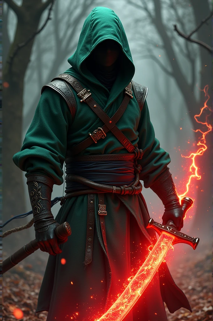 A red fire sword held by a ninja in a green and black coat