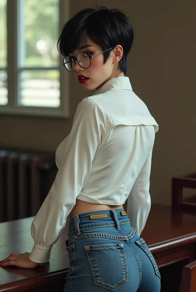 (((Clothing:2.0, Long shirt:2.0))), ((Composition from the thighs up:1.8)), ((Balcony of a Japanese apartment:2.0)), ((Clothing:2.0, Long shirt:2.0, The lower half is naked:2.0, Lace panties:2.0, Glasses:1.8)), ((Smile, short hair:1.5, Small breasts:1.5, slender:1.5, Small Ass:1.5)), ((Japanese, 1 Girl, 18-year-old, 7 heads, Ideal body proportions, Black Hair, With bangs, Small breasts, Erect nipples, slender, Small Ass, Beautiful feet, Skinny Legs)), Surrealism, Cinematic Lighting, Depth of written boundary, First Person View, Boobs F/1.8, 135mm, Ticker, Mastepiece, Curate, ((Anatomically correct:1.3)), Textured skin, Super Detail, High detail, High quality, Awards, Best Quality, High resolution, 8k