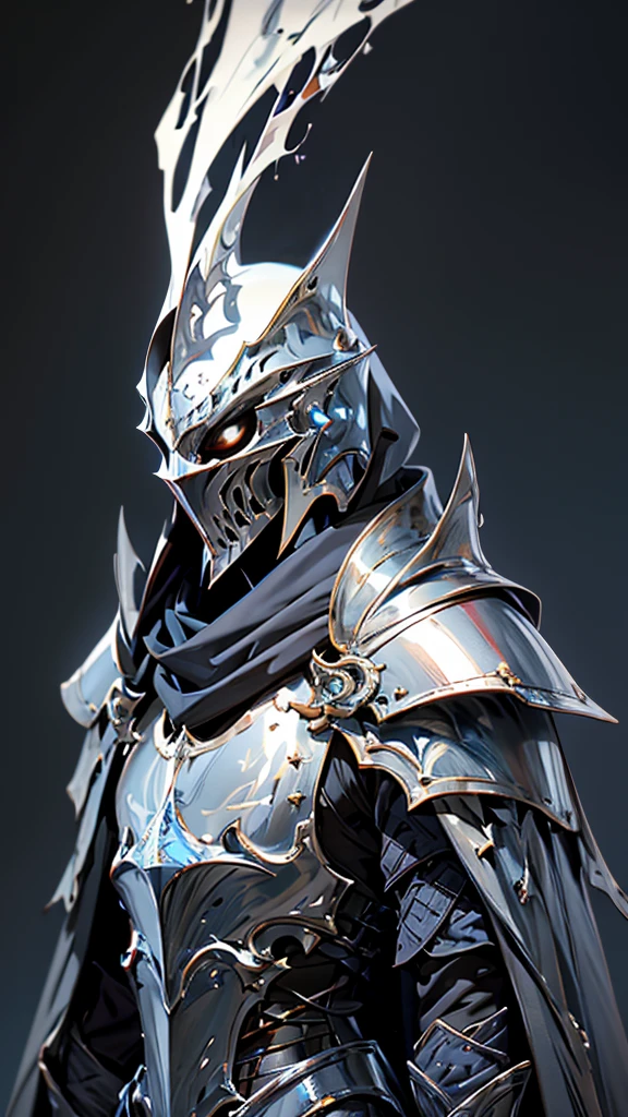 envision a 8k, highres, cinematic Full Body Concept Art Design Sheet of a Faceless Knight named Artorias with a slender body with Grand Silver armor with a Blue Scarf against a dark gray background in the style of dark fantasy