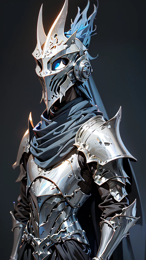 envision a 8k, highres, cinematic Full Body Concept Art Design Sheet of a Faceless Knight named Artorias with a slender body with Grand Silver armor with a Blue Scarf against a dark gray background in the style of dark fantasy