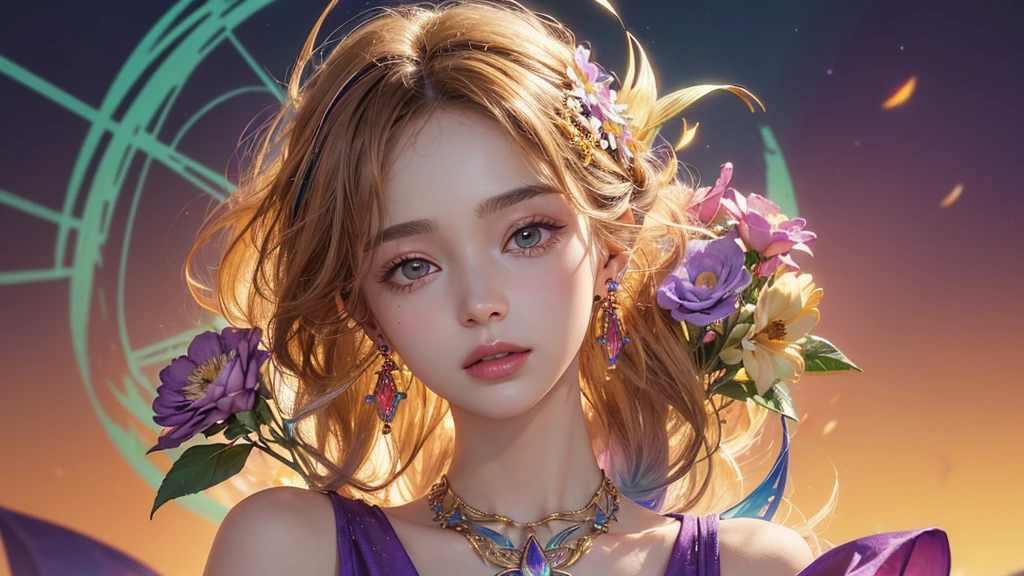 Elegant evening dress, very detailed eyes and faces, portraitures, Bust, Night's, beachside, neonlight, violet flower，french braid, Colored inner hair, Blonde hair, Hairline, Star-shaped pupils, Purple eyes, smiley, Light smile, Chiaroscuro, surrealism, hyper photorealism, hyper HD, Best quality, Super detail, A high resolution, High details, High quality, Textured skin