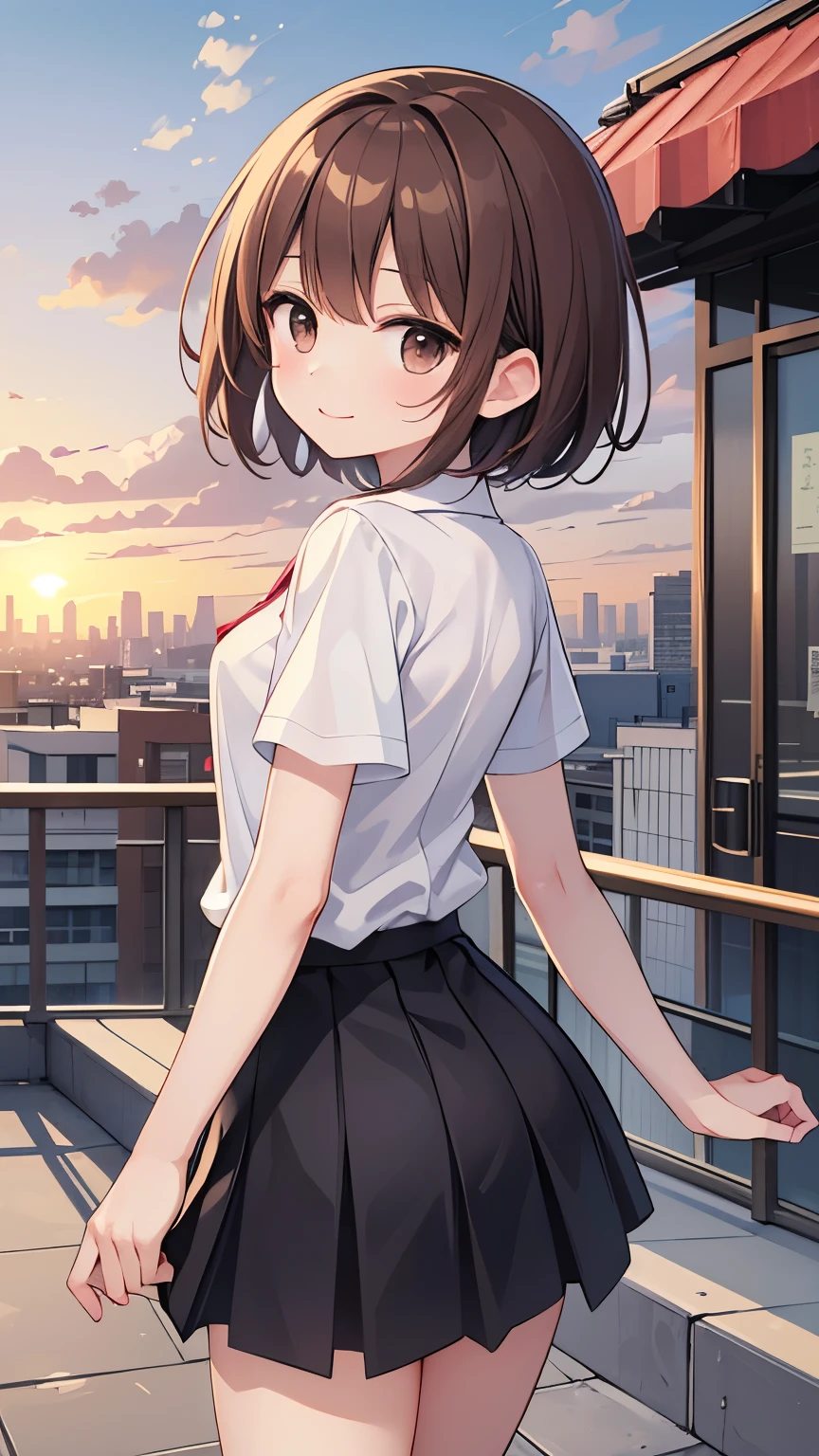One woman、24-years-old、(Brown hair short cut)、Beautiful brown hair、Perfect Face、Shiny skin、Friendly smile、Very clear, reflective brown eyes、Slightly chubby、Small breasts、buttocks are small、A woman wearing a white button-down shirt and a tight skirt、Let's think step by step,Highest quality、masterpiece、 Ultra-high resolution 、8k、Show anime style 、Soft Line Art、Digital Enhancement、 shojo anime touch, shojo manga core, Flowing fabric、Soft Drawing、 Ultra-Definition Digital Anime Art、 Clear facial depiction、Super detailed girl cartoon character art、 Ultra-detailed manga style、 Highest qualityの色、Walking around the city、Front shot、Clouds in the sky、Warm and soft sunset、A pleasant breeze blows、Beautiful hair blowing in the wind