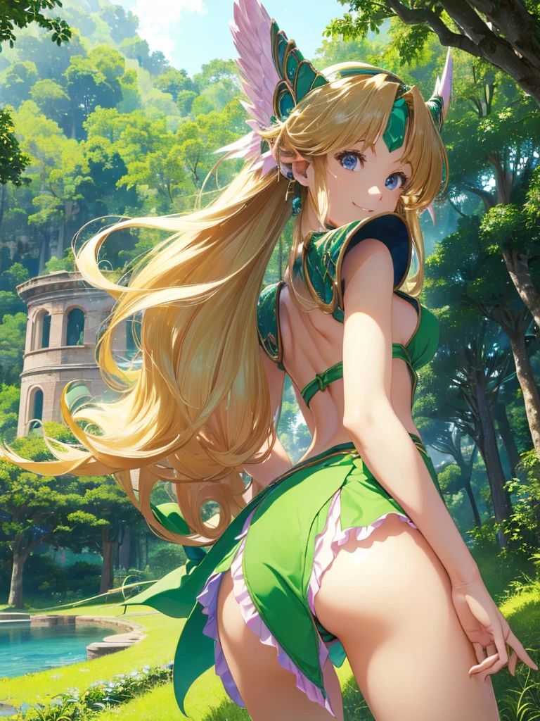 (masterpiece, Highest quality),Vibrant colors, lease, Seiken Densetsu 3, ((とても恥ずかしいパニックsmile、Look back and see this,(Point your butt forward)、（I can see her panties),The ruins in the background are very beautiful,Big eyes,(High definition and very beautiful eyes).smile,((Deep green ultra-mini skirt)),Looking up at the butt,Big Ass,Forest background,(Has a spear),Beautiful Eyes,Sexy pose,