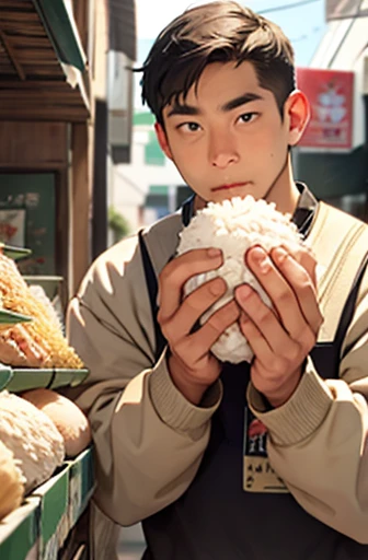 A man holding a rice ball close to his mouth、Looking at rice balls with his mouth open