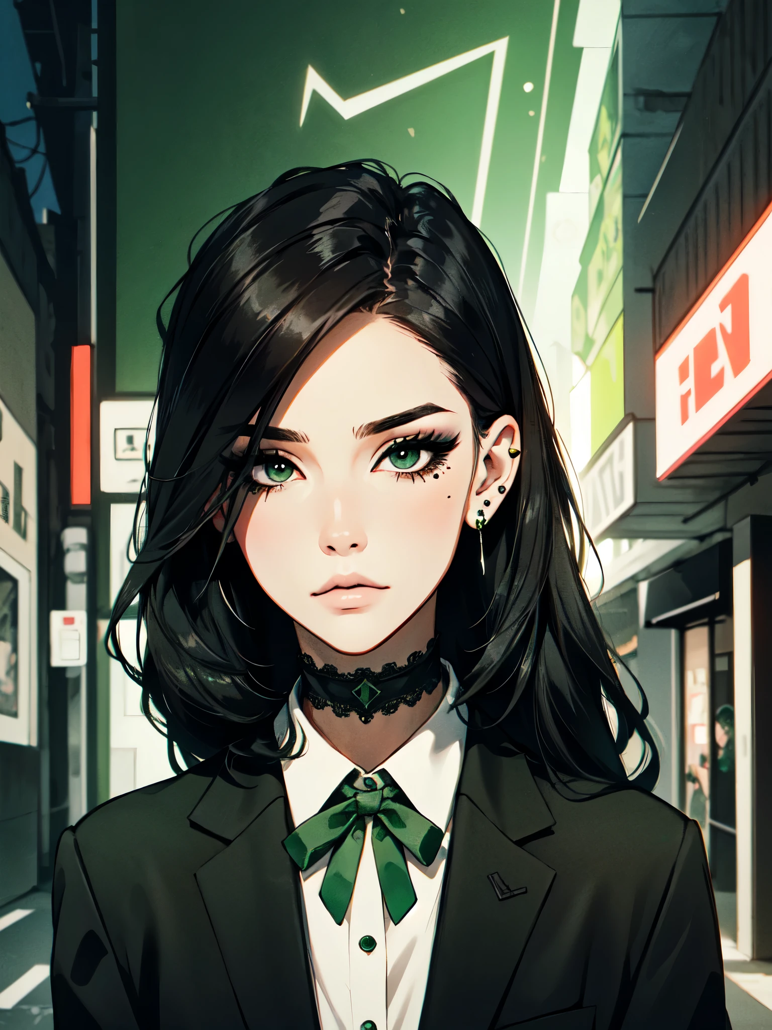 1girl, ((hair over eye)), (tight black lace blazer), black tie, ((long hair)), ((straight hair)), (((black hair))), side swept bangs, white skin, pale, white, (green eye), tired expression, choker, ((dark makeup, mascara, eyeshadow)), mole under eye, multiple piercings, best quality, 8k, cyberpunk city, neon streets, white shirt, erotic, slytherin