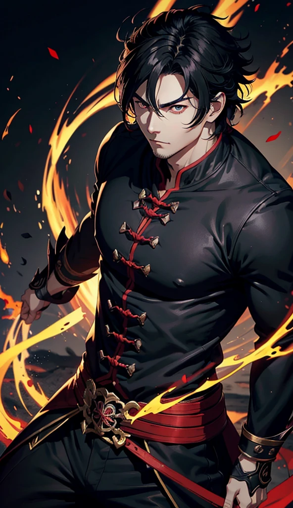 独奏, vampyre, warrior,naughty man, Youngh, nobleman, musculosos, Cao Cao, Bblack hair  ,black eyes, dark eye, shorth hair.high resolution, anatomically correcte, Russian general&#39;s outfit, Wide red pants. upper. A dark kingdom. 