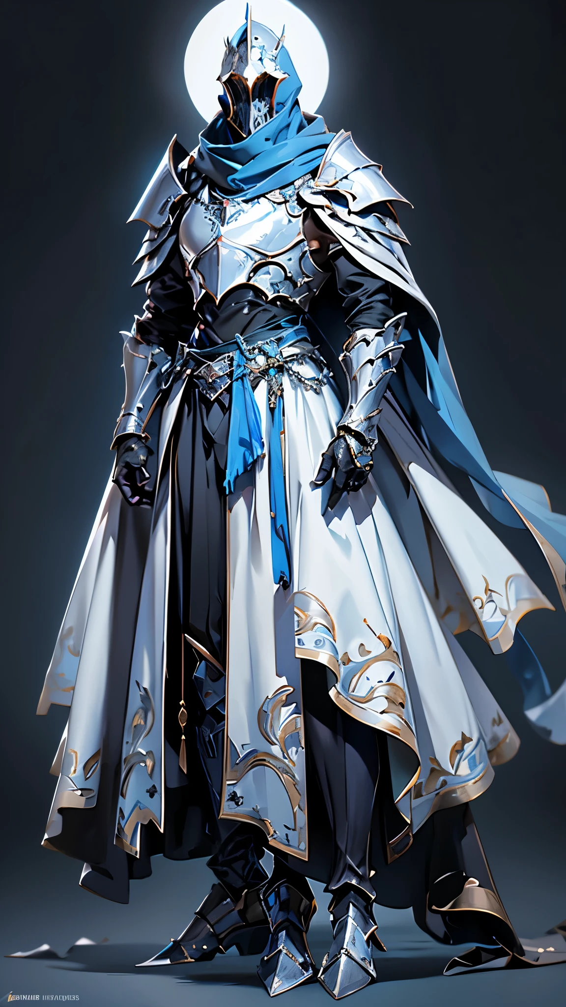 envision a 8k, highres, cinematic Full Body Concept Art Design Sheet of a Faceless Knight named Artorias with a slender body with Grand Silver armor with a Blue Scarf against a dark gray background in the style of dark fantasy