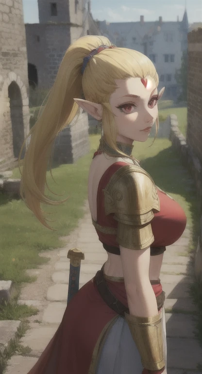 Goddess candidate, Hylia, blonde, red eyes, looking at viewer POV, Hylian armor, ponytail hairstyle, medieval Town ruins, sword,