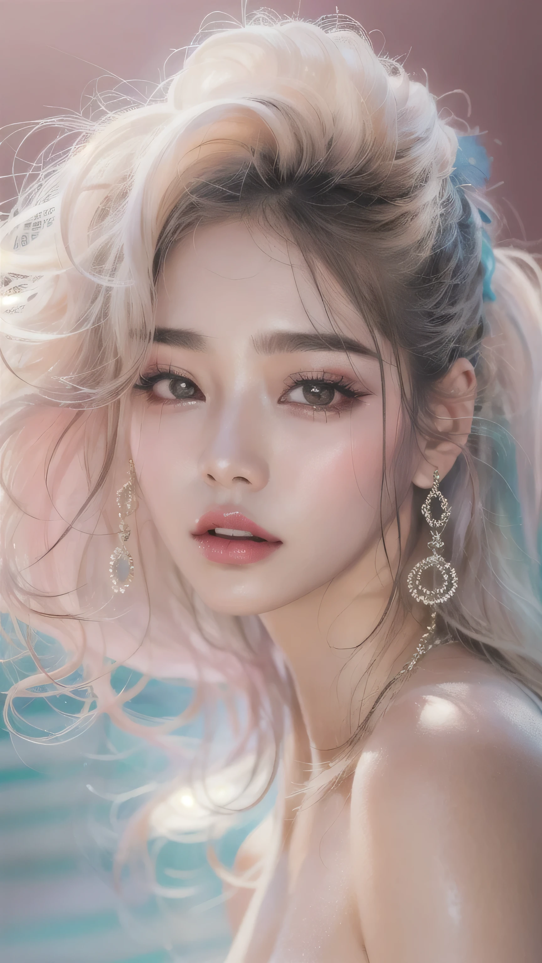 (8k, RAW Photos, Realistic:1.25) ,( Lip gloss, eyelash, Shiny surface, Glowing Skin, Highest quality, Ultra-high resolution, Depth of written boundary, chromatic aberration, Caustics, Wide lighting, Natural Shading,K-Pop Idols) She gazes upon the viewer with a calm, goddess-like happiness.