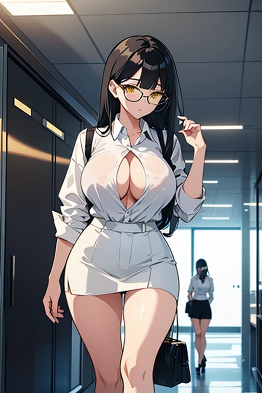 1 perfect figure girl with perfect hips with big boobs and big ass with white skin with yellow eyes and black hair wearing a tight white button down shirt and a short black skirt with black heels and glasses walking down some office hallways 