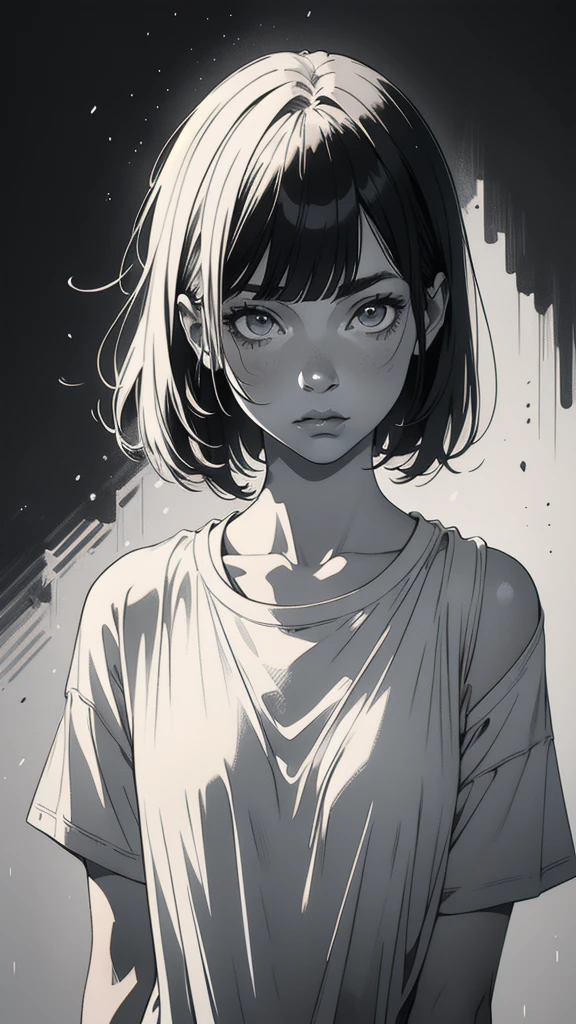 1 boyish girl, solo, sharp eyes, monochrome, greyscale, short black hair, portrait, white T-shirt, closed mouth, looking at viewer, graphite \(medium\), detailed lips, hatching \(texture\), without makeup, bangs, upper body, (best illustration), (best quality), (very detailed), (masterpiece), expressionless,