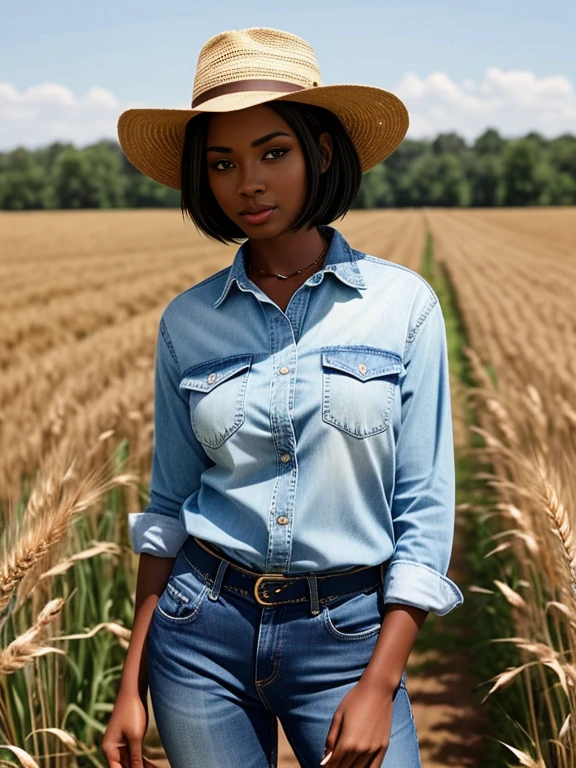 ebony mature beauty with straight black hair. Penetrating brown eyes should be the focal point. She is wearing a light blue denim shirt and light blue denim jeans, In the background, a wheat field is shown, a heavenly and luxurious place, 8k, perfect photo, dark skin, chocolate skin, beautiful green eyes. impeccable image of high quality and creativity, RAW colors, balanced lights