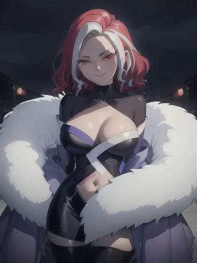 (extremely detailed CG), (best quality), 1girl, perfect face,  shiny skin, lustrous skin, wide hips, narrow waist,  SpiderLily, wide sleeves, pantyhose, clothing cutout,choker,coat,multicolored hair ,white hair ,red eyes ,red hair ,two-tone hair ,breasts , ,smile ,streaked hair ,red nails ,sadistic smile, evil grin, hands over head