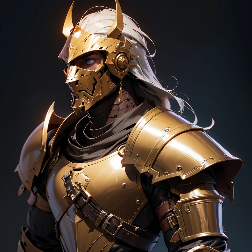 envision a 8k, highres, cinematic Full Body Concept Art Design Sheet of a Faceless Knight with a large body with Grand Brown metal and leather armor with against a dark gray background in the style of dark fantasy